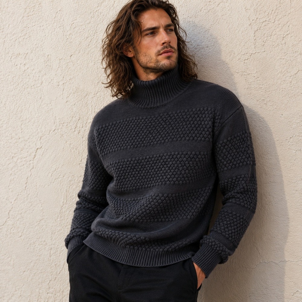 S.N.S. Herning Sweater 100% Pure New Wool Textured Knit Mens L Charcoal Grey
